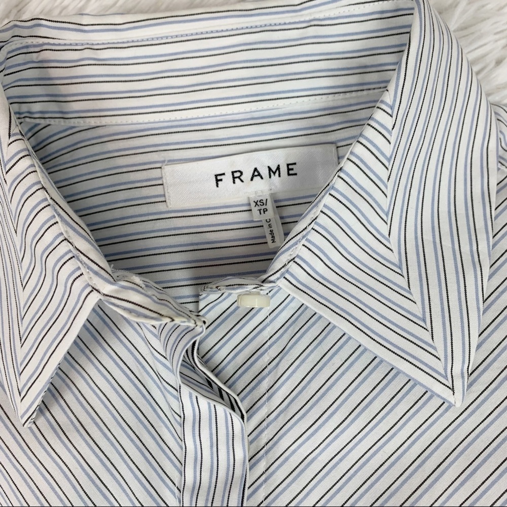 Frame contrast striped wrapped tie waist shirt dress button up pocket - Picture 6 of 12
